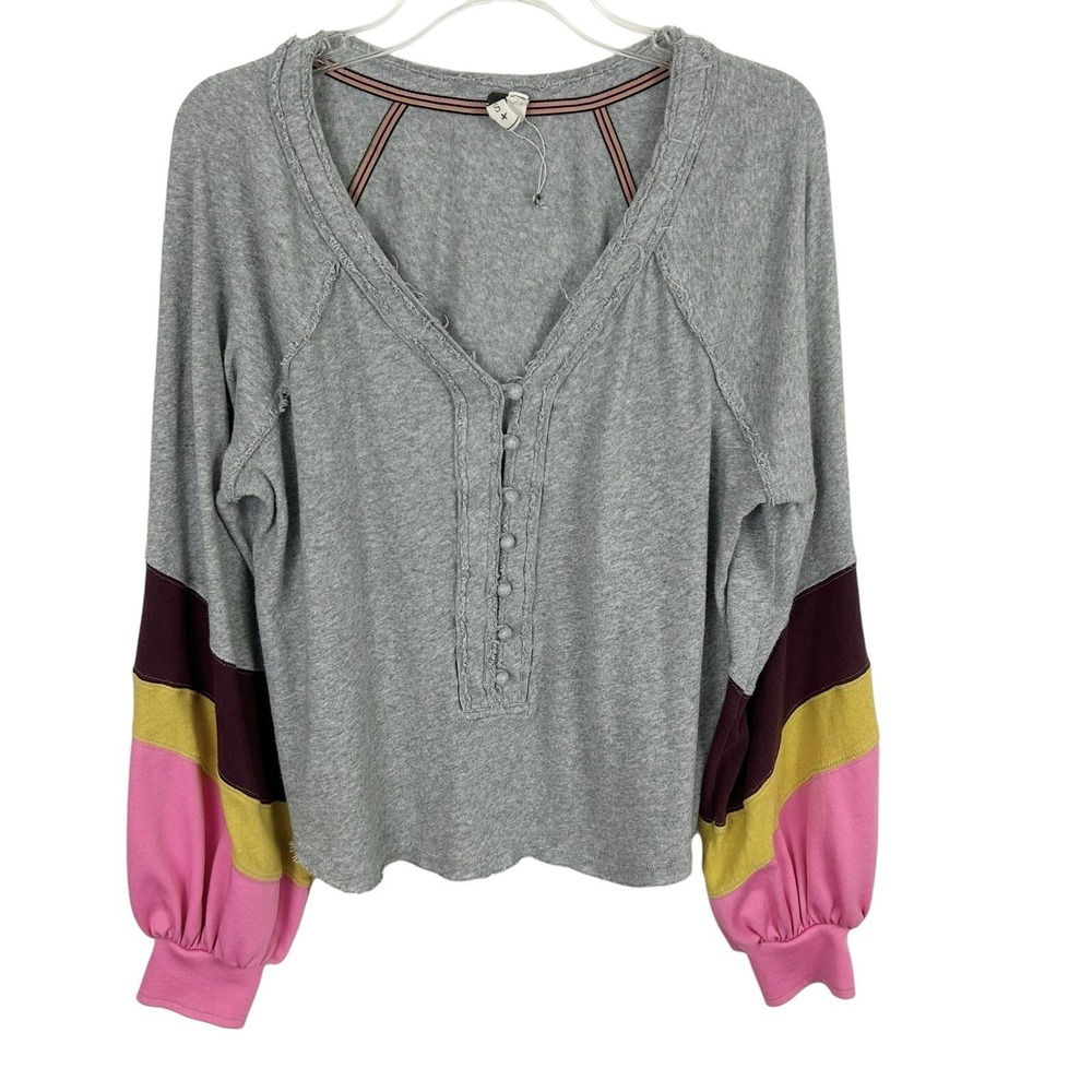 We the FREE PEOPLE S Winter Sun Balloon Sleeve HENLEY TOP Boho Pink Indie Artsy